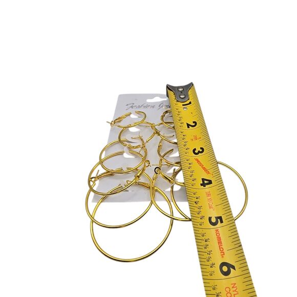 Six Hoop Pairs Earrings Yellow Gold Tone Metal Pierced Hinged Closure - Picture 3 of 4